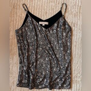 LOFT XS Metallic Floral V-Neck Cami Tank Top Black Silver